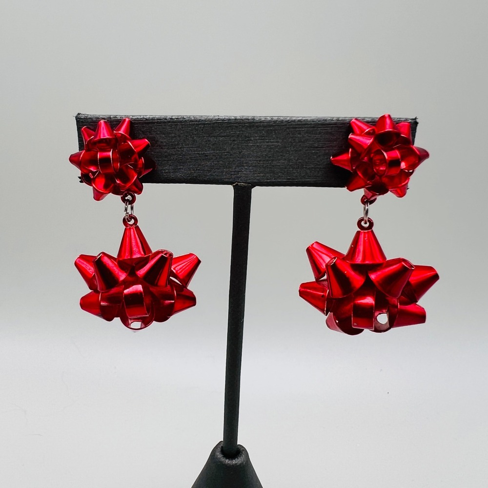 Red Gift Bow Dangle Earrings Holiday Festive Christmas Jewelry Drop Post Back